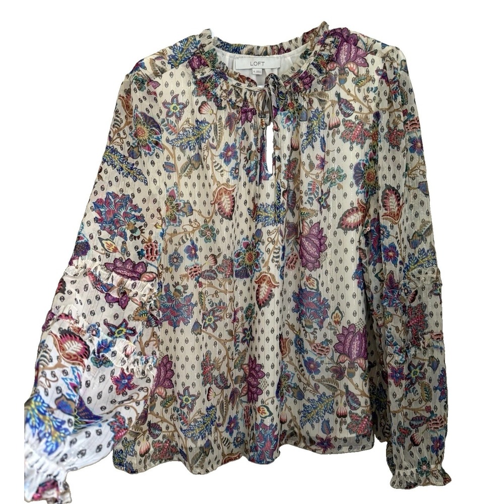 LOFT Floral Paisley Peasant Top XL LS Ruffle Tie Neck Metallic Boho Cottagecore
